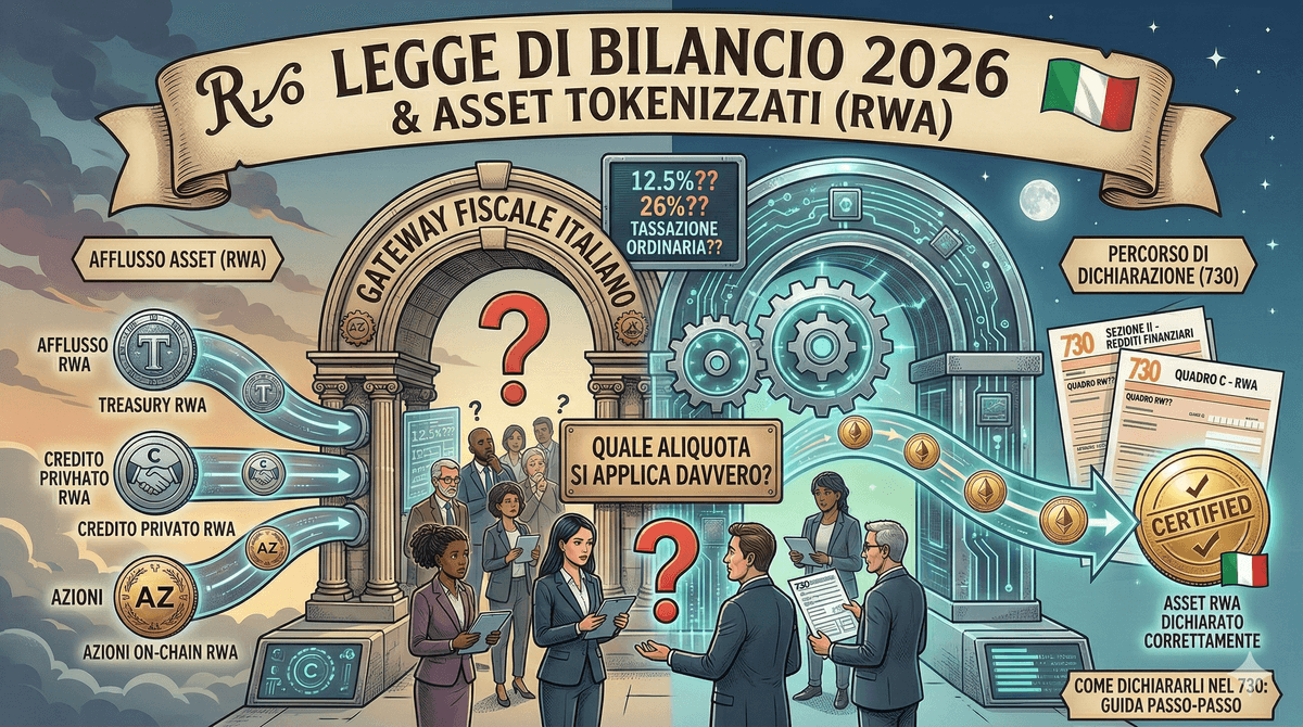 Legge di Bilancio 2026 e asset tokenizzati (RWA): treasury, credito privato e azioni on-chain — quale aliquota si applica davvero e come dichiararli nel 730