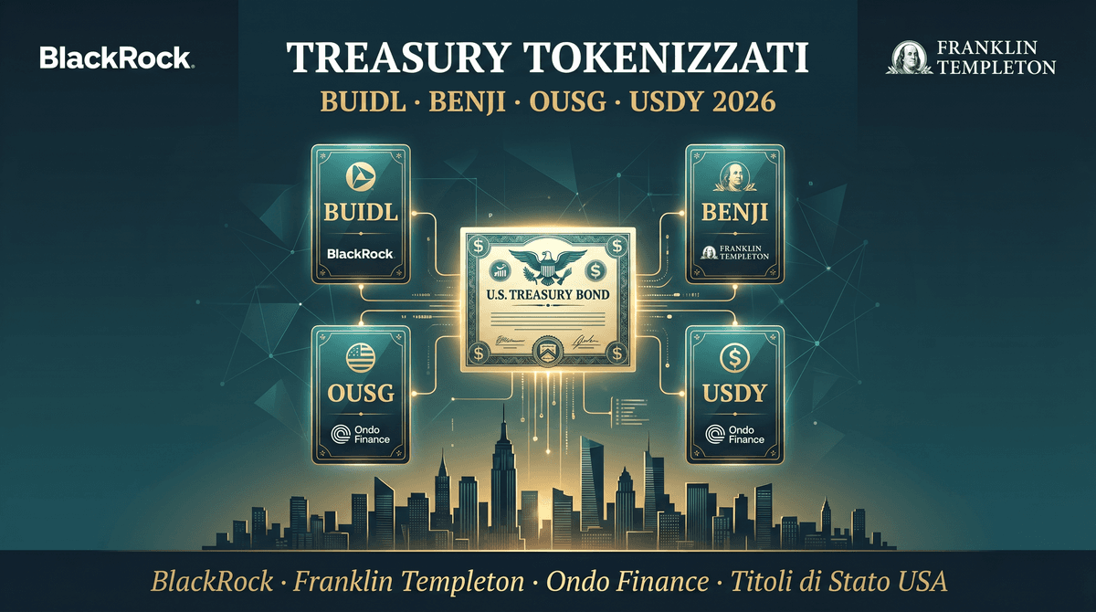 Treasury tokenizzati: guida italiana 2026 a BUIDL, BENJI, OUSG e USDY